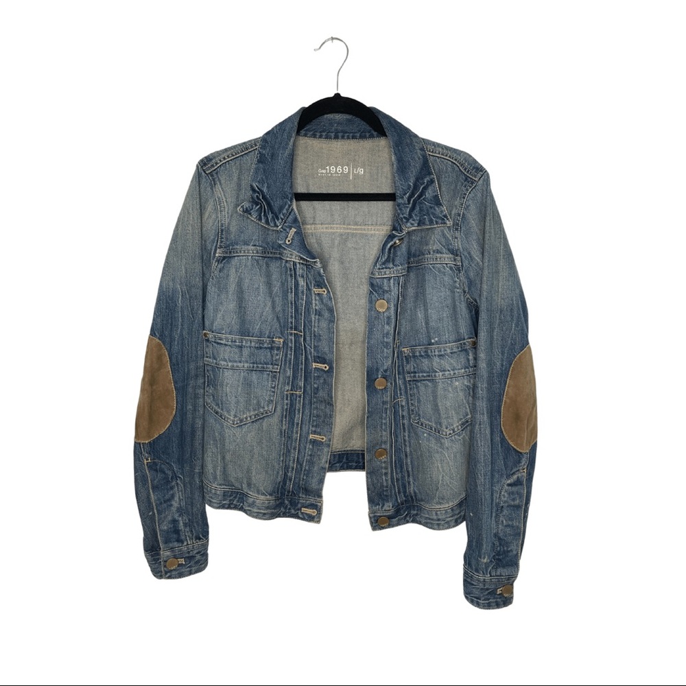 GAP Women's 90's Lightly Distressed Denim Jacket Suede Elbow Patches Size Large